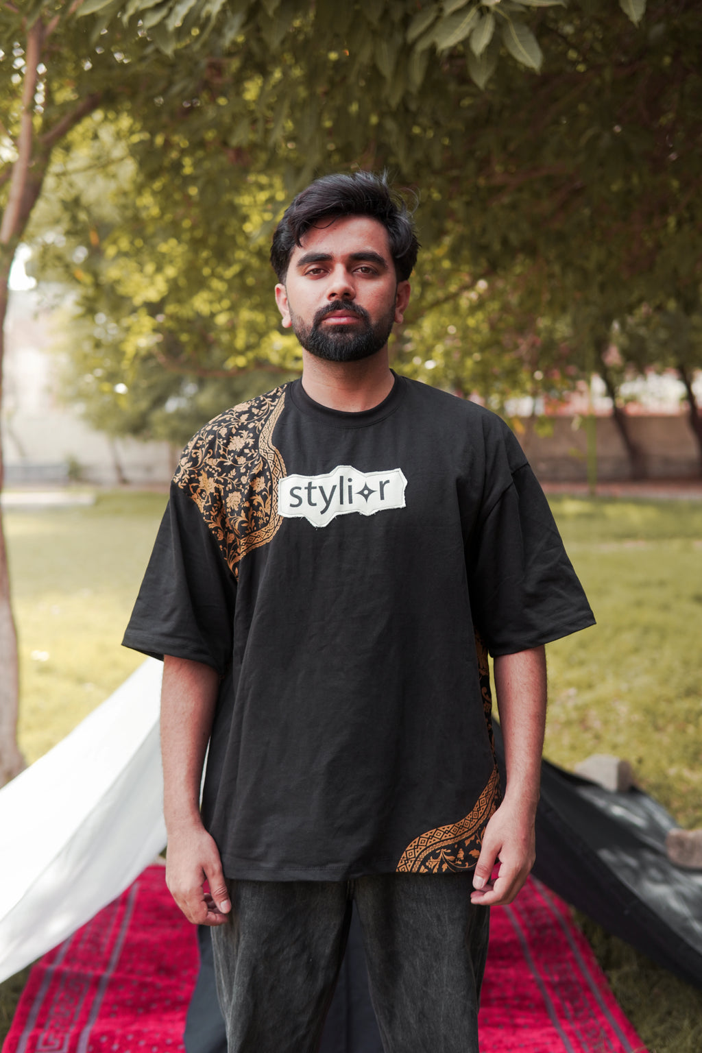 Bharosa – Oversized Beige Black T-Shirt with Large Screen Print