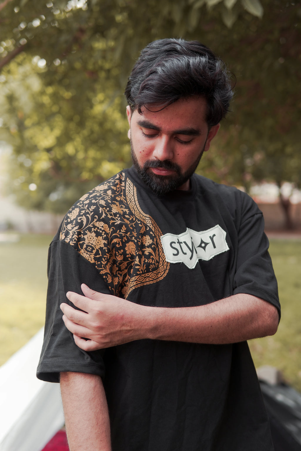 Bharosa – Oversized Beige Black T-Shirt with Large Screen Print
