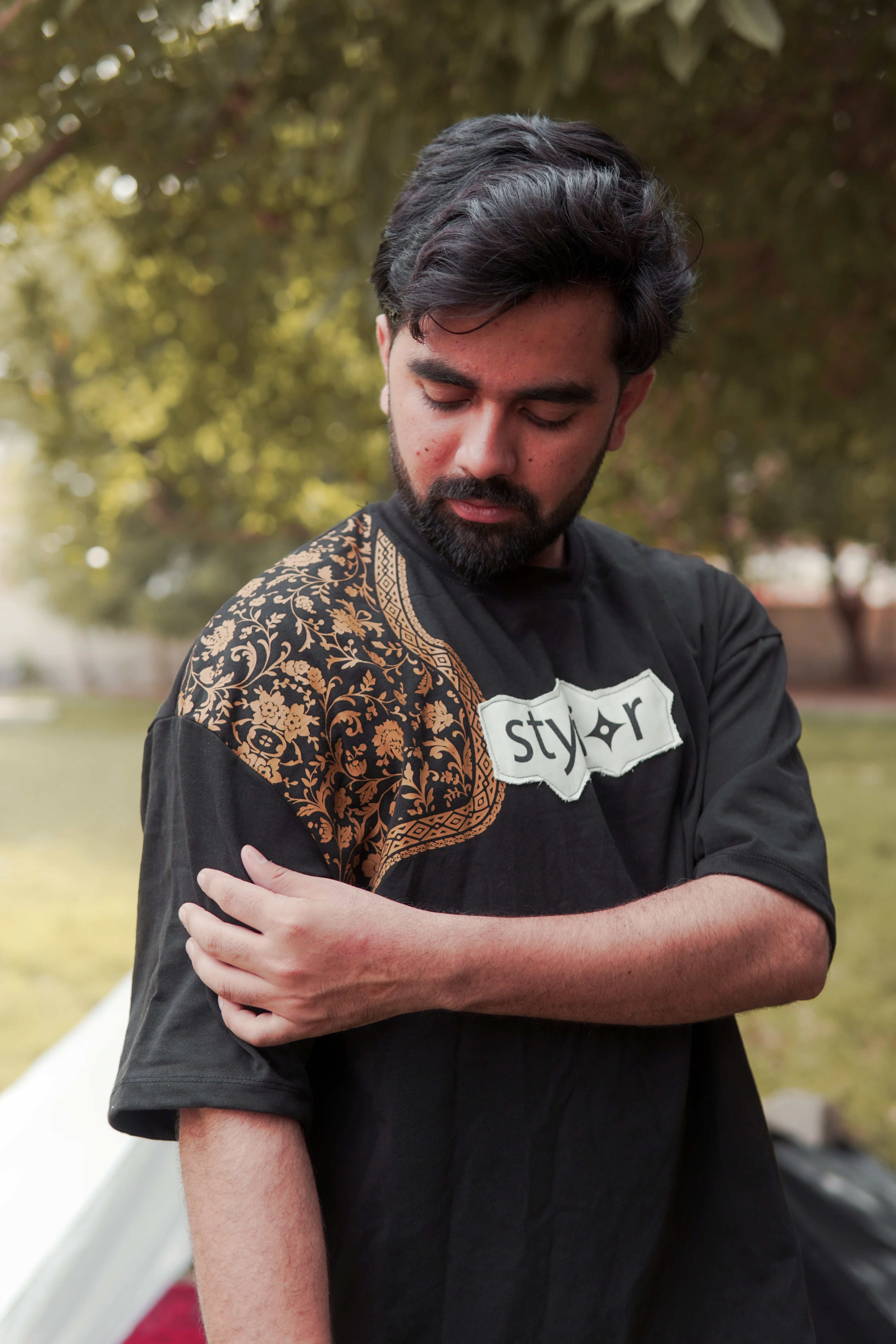 Bharosa – Oversized Beige Black T-Shirt with Large Screen Print